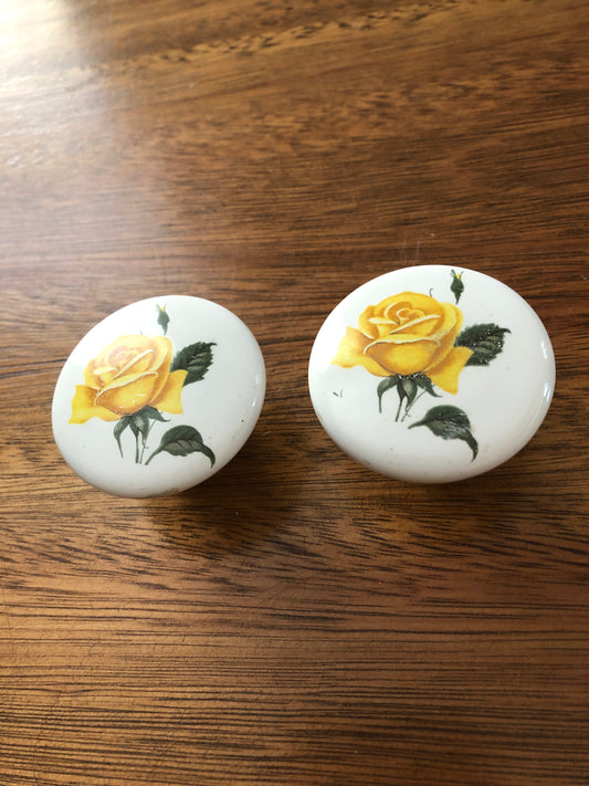 Small vintage ceramic yellow rosebud knob