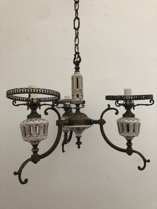 Vintage Ceramic and Brass Chandelier