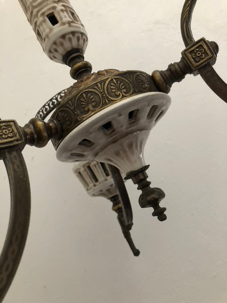 Vintage Ceramic and Brass Chandelier